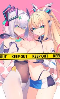 2girls ancie antenna_hair azure_striker_gunvolt black_bra black_leotard black_pantyhose blonde_hair blush bra breasts card-en-ciel caution_tape commission company_connection cowboy_shot crossover green_eyes grey_hair high_ponytail highres inti_creates keep_out large_breasts leotard lololotton long_hair lumen_(gunvolt) multicolored_eyes multicolored_hair multiple_girls paid_reward_available pantyhose pink_hair ponytail race_queen rainbow_eyes tongue tongue_out two-tone_hair underwear