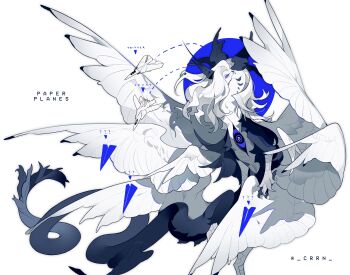 absurdres aircraft airplane artist_name black_wings blue_eyes blue_sclera bright_pupils claws colored_sclera crrn dragon english_text extra_eyes feathered_wings flying full_body hair_over_one_eye head_wings highres jet long_hair long_tail looking_at_viewer multiple_wings no_humans original paper_airplane simple_background tail twitter_username white_background white_hair white_wings wings