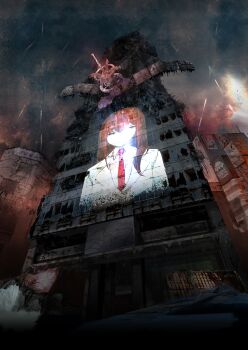 1girl absurdres akihabara_(tokyo) breasts brown_hair building cloud cloudy_sky coat collared_shirt crack destruction fg204 game_cg grey_sky hair_between_eyes highres hologram huke lab_coat lapels makise_kurisu makise_kurisu_(amadeus) necktie non-web_source notched_lapels official_art purple_eyes red_necktie ringed_eyes rubble ruins science_adventure shirt sky skyscraper small_breasts solo square_pupils steins;gate steins;gate_0 tower white_coat white_shirt