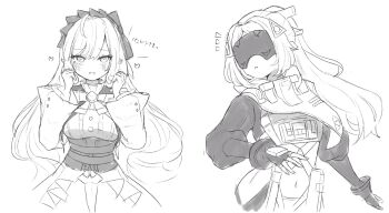 2girls ahoge arms_up blindfold_mask blush bow bowtie center_frills covered_eyes drill_hair fingerless_gloves frills gem gloves greyscale hair_ornament hairband heart high-waist_skirt long_hair looking_at_viewer looking_to_the_side mask monochrome multiple_girls navel notice_lines open_mouth pepa_xgame ponytail shrug_(clothing) simple_background skirt triangle_hair_ornament trigger_(zenless_zone_zero) upper_body vivian_banshee white_background zenless_zone_zero