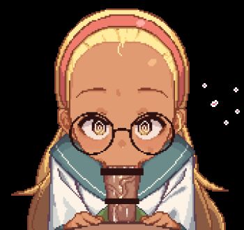 1boy 1girl @_@ animated animated_gif bar_censor blonde_hair blue_sailor_collar brown_eyes censored commentary cum cum_in_mouth cum_on_body cum_overflow dark-skinned_female dark_skin driftingtiger english_commentary facial fellatio forehead glasses hairband heart hetero long_hair oral original penis pixel_art pov pov_crotch red_hairband round_eyewear sailor_collar sailor_shirt shirt simple_background transparent_background veins veiny_penis white_shirt