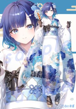 1girl absurdres aqua_hair black_gloves black_socks blue_eyes blue_hair closed_mouth commentary_request floral_print floral_print_kimono food full_body gloves hands_up highres holding holding_food japanese_clothes kimono lace lace_gloves lace_socks looking_at_viewer multicolored_hair obi official_art print_kimono sample_watermark sandals sash second-party_source short_hair smile socks solo standing tabi toosaka_asagi tsumugi_kokage virtual_youtuber vspo! watermark white_kimono zoom_layer