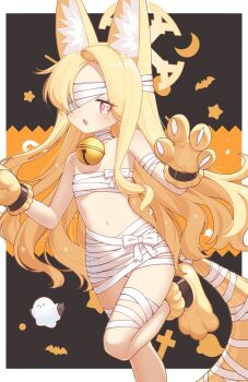 1girl animal_ear_fluff animal_ears animal_hands bandaged_arm bandaged_chest bandaged_leg bandages bell blonde_hair blue_archive blush eskimofox flat_chest foot_out_of_frame fox_ears gloves halloween halloween_costume halo hashtag-only_commentary highres long_hair looking_at_viewer mummy_costume naked_bandage navel neck_bell open_mouth paw_gloves paw_shoes pink_eyes seia_(blue_archive) solo standing standing_on_one_leg tail yellow_halo