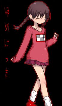 1girl black_background blush_stickers braid brown_hair closed_eyes highres long_hair long_sleeves madotsuki miniskirt negiwave2000 no_mouth pleated_skirt skirt sleeves_past_wrists socks solo translation_request twin_braids walking yume_nikki