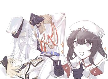 1girl 2boys :d aiguillette alkaid_mcgrath alkaid_mcgrath_(infinite_empire) belt belt_buckle black_gloves black_hair blonde_hair blue_belt buckle cael_anselm cael_anselm_(infinite_empire) cape center-flap_bangs chinese_commentary clenched_hand closed_mouth collared_shirt commentary double_thumbs_up epaulettes feet_out_of_frame frilled_sleeves frills gloves green_eyes hair_between_eyes hat he_he_chang heroine_(lovebrush_chronicles) highres imminent_punch jacket long_hair long_sleeves looking_at_another looking_at_viewer lovebrush_chronicles male_focus medium_hair meme military_hat military_uniform multiple_boys necktie no_eyes open_mouth pants partially_colored peaked_cap profile purple_eyes sam_browne_belt shirt simple_background smile sparkle straddling tassel thumbs_up upper_body v-shaped_eyebrows white_background white_cape white_hair white_hat white_jacket white_pants yellow_necktie