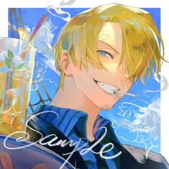 1boy black_suit blonde_hair blue_eyes blue_shirt blush cigarette clenched_teeth cloud collared_shirt curly_eyebrows drinking_straw facial_hair formal_clothes goatee hair_over_one_eye hashtag-only_commentary highres holding holding_plate looking_at_viewer lucis0407 male_focus monkey_d._luffy one_piece outdoors plate roronoa_zoro sample_watermark sanji_(one_piece) shirt short_hair smile smoke striped_clothes striped_shirt suit teeth vertical-striped_clothes vertical-striped_shirt watermark