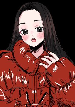 1girl black_background black_eyes blackpink blush brown_hair coat highres jennie_(blackpink) long_hair mole open_mouth red_coat red_nails samarundao simple_background solo upper_body