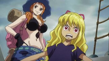 3girls 6+boys alternate_costume alternate_hairstyle animated anime_screenshot audible_speech backpack bag bikini bikini_under_clothes black_bikini blonde_hair blue_pants bracelet breasts brook_(one_piece) brown_eyes cropped curvy dark-skinned_female dark_skin dress female_focus franky_(one_piece) gloves grin hair_ribbon hands_on_own_hips happy hat high_ponytail highleg highleg_bikini jacket japanese_audio jewelry large_breasts log_pose looking_at_another looking_at_viewer low_twintails midriff monkey_d._luffy multiple_boys multiple_girls nami_(one_piece) navel nico_robin official_alternate_costume official_alternate_hairstyle olga_myskina one_piece one_piece_heart_of_gold open_clothes open_jacket orange_eyes orange_hair outdoors pants pectorals ponytail red_eyes revealing_clothes ribbon roronoa_zoro ryona sanji_(one_piece) shiny_skin short_hair shoulder_tattoo sky smile straw_hat swimsuit tagme talking tattoo thong thong_bikini toei_company tony_tony_chopper twintails usopp video whale_tail_(clothing) wide_hips