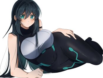1girl black_bodysuit black_hair blush bodysuit breasts green_eyes gundam gundam_build_divers gundam_build_divers_re:rise hair_between_eyes highres juice_(jule_tyaojule) large_breasts long_hair looking_at_viewer lying may_(gundam_build_divers_re:rise) shrug_(clothing) solo very_long_hair white_background