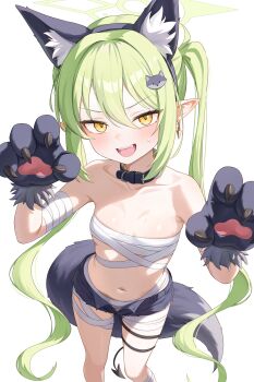 1girl absurdres animal_ear_fluff animal_ear_hairband animal_ears animal_hair_ornament animal_hands bandaged_arm bandaged_chest bandaged_leg bandages bare_shoulders belt_collar blue_archive breasts claw_pose claws collar collarbone commentary_request earrings fake_animal_ears fangs gloves green_hair green_halo hair_between_eyes hair_ornament hairband halko_(halonakoma9) halloween_costume halo hands_up highres jewelry long_hair looking_at_viewer navel nozomi_(blue_archive) open_fly open_mouth paw_gloves pointy_ears short_shorts shorts sidelocks simple_background small_breasts solo tail teeth thighs twintails very_long_hair white_background wolf_ears wolf_tail yellow_eyes