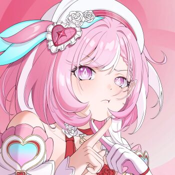 1girl bare_shoulders beiganglamian diamond-shaped_pupils diamond_(shape) elysia_(hi_love_elf)_(honkai_impact) elysia_(honkai_impact) flower gloves hair_flower hair_ornament hat highres honkai_(series) honkai_impact_3rd light_blush multicolored_hair pink_hair pointy_ears purple_eyes simple_background single_glove solo symbol-shaped_pupils two-tone_hair white_hair white_hat