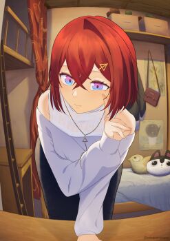 1girl absurdres ange_katrina ange_katrina_(casual) arm_rest banken_(inui_toko) bent_over black_pants blue_eyes closed_mouth clothing_cutout commentary_request cowboy_shot crossed_bangs curtains finger_to_cheek fisheye gold_necklace gradient_eyes hair_between_eyes hair_ornament hairpin hand_up highres indoors jewelry ladder layered_shirt long_bangs long_sleeves looking_at_viewer medium_hair mikoton multicolored_eyes necklace nijisanji pants pink_eyes puffy_long_sleeves puffy_sleeves red_hair sebastian_piyodore shelf shirt shoulder_cutout single_hair_intake solo stuffed_animal stuffed_toy table virtual_youtuber white_shirt wooden_table