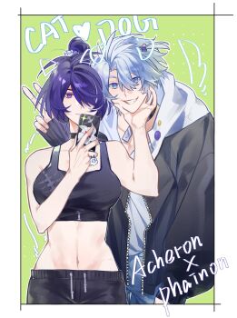 Rule 34 | 1boy, 1girl, 70 70000, acheron (honkai: star rail), alternate costume, black jacket, black pants, black tank top, blue eyes, border, breasts, character name, highres, holding, holding phone, honkai: star rail, honkai (series), jacket, large breasts, midriff, navel, pants, phainon (honkai: star rail), phone, purple hair, selfie, short hair, smile, tank top, white border, white hair, yoga pants