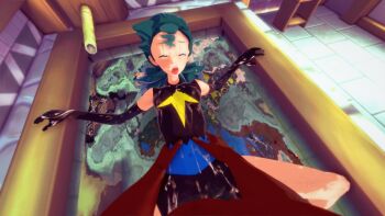 1boy 1girl 3d aged_down ass bare_shoulders bathtub bent_over closed_eyes clothed_female_nude_male clothed_sex gen_4_pokemon gloves green_hair hand_on_own_ass hand_on_own_face jenny_(pokemon) koikatsu long_glove marble_(pokemon) nintendo nude official_alternate_costume orange_eyes pokemon pokemon_(anime) pokemon_dp059 pokemon_dppt_(anime) presenting skin_tight spandex sweatdrop