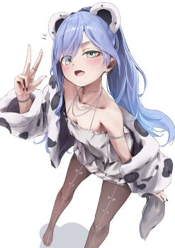 absurdres animal_ears animal_print arm_up bare_shoulders blue_hair blush bracelet breasts collarbone cow_print dress ear_piercing fang highres jacket jewelry long_hair looking_at_viewer lowered_eyelids necklace pantyhose piercing ring sakahana small_breasts sundress v virtual_youtuber vspo! white_background yano_kuromu