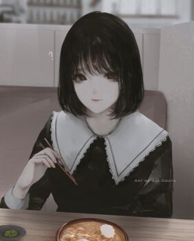 1girl ? aoi_ogata artist_name black_hair black_shirt blurry blurry_background bowl brown_eyes chopsticks clip_studio_paint_(medium) closed_mouth depth_of_field food highres holding holding_chopsticks indoors long_sleeves looking_at_viewer noodles original puffy_long_sleeves puffy_sleeves ramen red_lips shirt short_hair solo upper_body