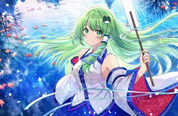 1girl autumn autumn_leaves bare_shoulders blue_skirt breasts collared_shirt commentary_request detached_sleeves dot_nose frog_hair_ornament gohei green_eyes green_hair hair_intakes hair_ornament hair_tubes highres holding holding_gohei in_water kochiya_sanae leaf light_blush long_hair long_sleeves looking_at_viewer medium_breasts patterned_clothing print_skirt reflection reflective_water sample_watermark shirt single_hair_tube single_sidelock skirt skirt_set sleeve_ribbon sleeveless sleeveless_shirt smile snake_hair_ornament solo swept_bangs tanaka_fumiko touhou tree water watermark wide_sleeves