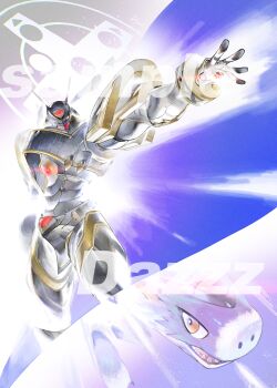 Rule 34 | absurdres, alphamon, armor, black armor, black helmet, blue background, dazz (daito), digimon, digimon (creature), dorumon, evolutionary line, forehead jewel, helmet, highres, knight, sample watermark, sharp teeth, solo focus, teeth, watermark, yellow eyes