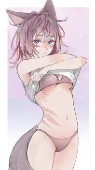 1girl absurdres animal_ears body_markings border bra clothes_lift commentary_request cowboy_shot gradient_background grey_bra grey_hair grey_panties highres kkachi_(limkkachi) korean_commentary lifting_own_clothes looking_at_viewer medium_hair messy_hair mole mole_under_breast muted_color navel no_pants original panties parted_lips purple_eyes shirt shirt_lift sketch solo standing stomach tail underwear undressing variant_set white_border white_shirt