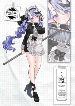 Rule 34 | 1girl, :3, alternate costume, ankle strap, apron, arms behind back, artist name, black bow, black dress, black hair, black shoes, blush, bow, braid, breasts, closed mouth, commentary request, dot nose, dress, frilled apron, frilled dress, frills, full body, grid background, hair between eyes, head tilt, high heels, hikimayu, holding, holding mop, horns, juliet sleeves, kokutan kiseru, long bangs, long hair, long sleeves, looking at viewer, maid, maid day, maid headdress, medium breasts, mole, mole on thigh, mole under mouth, mop, multicolored hair, nijisanji, paper background, pointy ears, puffy sleeves, purple eyes, purple hair, rindou mikoto, shoes, short dress, single braid, skin-covered horns, sleeve cuffs, smile, standing, streaked hair, twitter username, two-tone hair, underbust, variant set, very long hair, virtual youtuber, waist apron, white apron, white background, white headdress, zoom layer