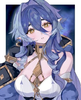 1girl bare_shoulders blue_hair blue_hood border breasts bright_pupils genshin_impact hair_between_eyes highres hood hood_down large_breasts layla_(genshin_impact) long_hair looking_at_viewer mamamam_pi parted_lips solo star_(sky) starry_sky_background teeth thick_eyebrows white_border white_pupils yellow_eyes
