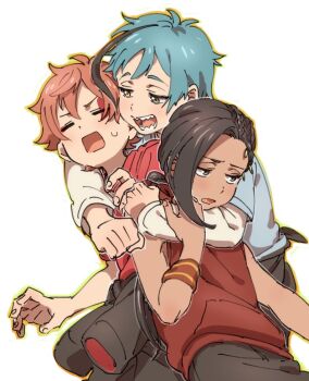 3boys :o =_= ace_trappola antenna_hair arm_around_neck asymmetrical_bangs asymmetrical_hair basketball_club_(twisted_wonderland) black_hair black_jumpsuit black_pants black_streaks blue_hair blue_shirt braid choppy_bangs clenched_hand cowlick dark-skinned_male dark_skin eyeliner facial_mark fingernails floyd_leech forced_hug furrowed_brow grabbing_another&#039;s_arm grey_eyes hair_between_eyes heterochromia hood hood_down hoodie jamil_viper jumpsuit jumpsuit_around_waist layered_shirt light_blush long_bangs long_hair long_sleeves looking_afar looking_at_another low_ponytail makeup male_focus multicolored_hair multiple_boys narrowed_eyes night_raven_college_gym_uniform open_mouth orange_hair outline pants ponytail raised_eyebrows rectangular_mouth red_eyeliner red_hoodie red_shirt sharp_teeth shirt short_hair short_sleeves simple_background sleeveless sleeveless_hoodie small_sweatdrop streaked_hair sweatband t-shirt teeth twisted_wonderland two-sided_fabric upper_body v-shaped_eyebrows white_background white_outline yellow_eyes yellow_outline yzwn89