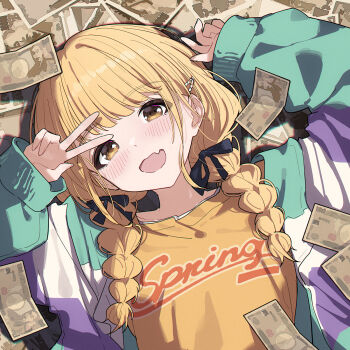 1girl banknote black_ribbon blonde_hair blush braid commentary fang fingernails fujita_kotone gakuen_idolmaster hair_ornament hair_ribbon hairpin highres idolmaster jacket long_hair looking_at_viewer lying money multicolored_jacket on_back open_clothes open_jacket ribbon shirt skin_fang smile solo twin_braids upper_body w yellow_eyes yellow_shirt yun_cao_bing