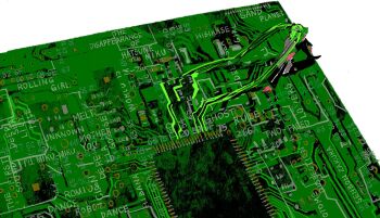 1girl alternate_hair_color black_sleeves black_thighhighs circuit_board co2_0217 detached_sleeves green_hair grey_shirt hatsune_miku highres microchip mini_person minigirl shirt sitting solo song_name thighhighs twintails vocaloid white_background wide_shot