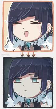 1girl artist_name bare_shoulders black_hair blunt_bangs braid chibi choker diagonal_bangs earrings far_cry far_cry_5 far_cry_6 fur_collar fur_trim genshin_impact highres jewelry laughing medium_hair meme portrait solo unamused xinzoruo yelan_(genshin_impact)