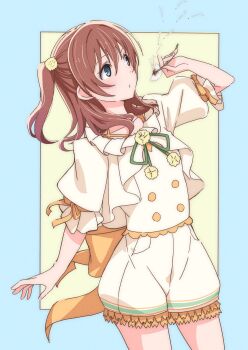 Rule 34 | 1girl, ajapar, blowing, blue border, blue eyes, border, brown hair, buttons, collarbone, commentary request, cowboy shot, dandelion, dandelion seed, double-breasted, emma verde, flower, frilled shorts, frills, fuwa fuwari (love live!), green background, green ribbon, hair flower, hair ornament, highres, holding, holding flower, love live!, love live! nijigasaki high school idol club, neck ribbon, outside border, puffy short sleeves, puffy sleeves, ribbon, shirt, short sleeves, shorts, simple background, solo, two side up, white shirt, white shorts, yellow flower