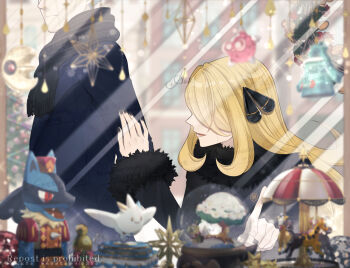 1girl black_jacket blonde_hair blurry blurry_background bronzong christmas christmas_ornaments christmas_tree cynthia_(pokemon) cyrus_(pokemon) gen_2_pokemon gen_3_pokemon gen_4_pokemon gen_7_pokemon girafarig jacket long_hair lucario lunatone minior minior_(core) nail_polish nintendo outdoors pointing pokemon pokemon_dppt profile sakaralalala size_difference togekiss upper_body watermark