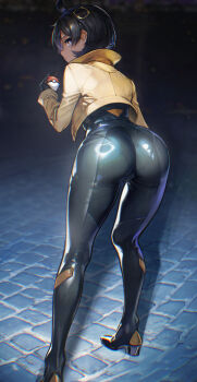 1girl absurdres ass bent_over black_bodysuit black_gloves black_hair black_shoes bodysuit bodysuit_under_clothes brown_jacket closed_mouth commentary cowlick dark-skinned_female dark_skin emma_(pokemon) full_body gloves hair_between_eyes hair_ornament highres holding holding_poke_ball jacket kryp132 latex latex_bodysuit long_sleeves looking_at_viewer night nintendo outdoors poke_ball poke_ball_(basic) pokemon pokemon_legends:_z-a purple_eyes shadow shoes short_hair sidelocks solo standing swept_bangs