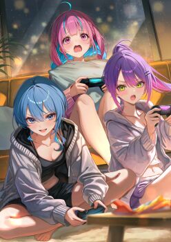 3girls :d :o absurdres ahoge aqua_hair asymmetrical_sidelocks barefoot black_camisole black_shorts blue_eyes blue_hair blunt_bangs blurry blurry_foreground braid breasts camisole cleavage colored_inner_hair comiket_107 commentary_request controller couch double-parted_bangs dualshock game_controller gamepad gradient_hair green_eyes grey_jacket hair_between_eyes hair_ornament hairclip highres holding holding_controller holding_game_controller hololive hood hooded_jacket hoshimachi_suisei indian_style indoors jacket long_hair low_twin_braids midriff minato_aqua multicolored_hair multiple_girls navel on_couch on_floor open_mouth parallel_hairclips pink_eyes pink_hair pink_jacket playstation_controller ponytail purple_hair sa-ya2 short_hair shorts side_braids sidelocks sitting small_breasts smile star_(symbol) star_in_eye startend_(hololive) symbol_in_eye tokoyami_towa twin_braids v-shaped_eyebrows virtual_youtuber wavy_mouth white_camisole white_shorts