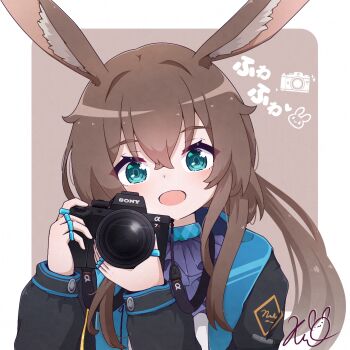 1girl :d adversarial_noise amiya_(arknights) animal_ear_fluff animal_ears arknights ascot black_jacket blush border brown_background brown_hair camera commentary commission english_commentary green_eyes hair_between_eyes highres holding holding_camera jacket kurotofu long_hair long_sleeves looking_at_viewer open_clothes open_jacket open_mouth puffy_long_sleeves puffy_sleeves purple_ascot rabbit_ears shirt signature smile solo sony translation_request upper_body white_border white_shirt