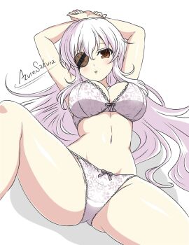 1girl arms_up azuresakura blush bra breasts brown_eyes cleavage commentary_request eyepatch highres large_breasts long_hair navel open_mouth panties senran_kagura senran_kagura_burst senran_kagura_burst_re:newal senran_kagura_estival_versus senran_kagura_new_link senran_kagura_shinovi_versus signature simple_background spread_legs thighs underwear underwear_only white_background white_bra white_hair white_panties yagyu_(senran_kagura)