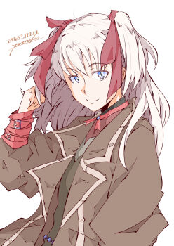 absurdres belt blue_eyes coat commentary_request hair_ribbon highres long_coat neck_ribbon raquel_applegate red_belt red_ribbon ribbon trench_coat twintails white_hair wild_arms wild_arms_4 wrist_belt yomoneko