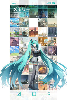 6+boys 6+girls absurdly_long_hair aqua_eyes aqua_hair aqua_nails backpack bag beach black_boots black_hair black_skirt black_sleeves blonde_hair blue_sky boots classroom closed_mouth cloud collared_shirt commentary curtains detached_sleeves flute full_body grass grey_shirt hair_between_eyes hashtag-only_commentary hatsune_miku headphones heart highres holding holding_microphone holding_pen holding_phone infinity_symbol instrument kitchen long_hair long_sleeves microphone multiple_boys multiple_girls music musical_note night night_sky pen phone plant playing_flute playing_instrument pleated_skirt potg_(piotegu) potted_plant red_bag riding running shirt skirt sky sleeveless sleeveless_shirt smile solo_focus stairs stretching sunset swim_ring thigh_boots translation_request twintails very_long_hair vocaloid washing_machine water wi-fi_symbol window