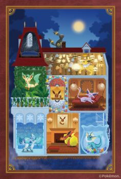 Rule 34 | :3, animal focus, artist request, border, breath weapon, breathing ice, candelabra, candlestand, closed mouth, cloud, commentary request, copyright name, copyright notice, couch, eevee, espeon, fire, fireplace, fishbowl, flareon, forehead jewel, full moon, gen 1 pokemon, gen 2 pokemon, gen 4 pokemon, gen 6 pokemon, glaceon, highres, house, jolteon, lamp, leaf, leafeon, moon, night, nintendo, no humans, official art, on roof, pillow, plant, poke ball theme, pokemon, pokemon (creature), pokemon focus, red eyes, rock, rug, second-party source, sky, smile, snowflakes, stained glass, stairs, star (symbol), sylveon, umbreon, vaporeon, water, window
