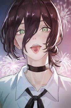 1girl absurdres black_choker black_hair black_ribbon blush censored chainsaw_man choker commentary dhbwinner english_commentary fireworks green_eyes grenade_pin hair_between_eyes hair_bun highres mosaic_censoring neck_ribbon reze_(chainsaw_man) ribbon shirt short_hair single_hair_bun solo teeth tongue tongue_out upper_teeth_only white_shirt