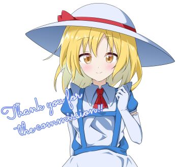 1girl aoi_1013ss ascot blonde_hair breasts closed_mouth commission elbow_gloves gloves hat hat_ribbon highres kana_anaberal looking_at_viewer medium_breasts puffy_short_sleeves puffy_sleeves red_ascot red_ribbon ribbon short_sleeves simple_background skeb_commission smile solo straight-on thank_you touhou touhou_(pc-98) upper_body white_background white_gloves white_hat wing_collar yellow_eyes