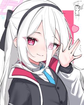 Rule 34 | \||/, absurdres, black hair, black vest, blood, blue archive, blue necktie, bow, buttons, chibi, closed mouth, commentary request, doodle sensei (blue archive), hair bow, hairband, headband, heart, highres, jacket, kei (blue archive), kei (new body) (blue archive), long hair, looking at viewer, mayou940114, necktie, nosebleed, open clothes, open jacket, portrait, red eyes, sensei (blue archive), shirt, sidelocks, straight hair, vest, waving, white hair, white shirt