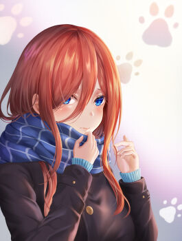 Rule 34 | 1girl, black coat, blue eyes, blue scarf, brown hair, coat, go-toubun no hanayome, hair between eyes, highres, long hair, long sleeves, nakano miku, paw print, paw print background, scarf, solo, upper body, yuzuriha (pixiv 14248010)
