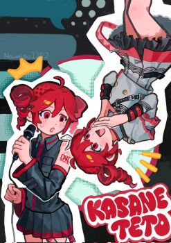 2girls ahoge arm_tattoo belt black_background black_belt black_shirt black_skirt black_sleeves blush breast_pocket buttons character_name collared_shirt cowboy_shot detached_sleeves double-breasted double-parted_bangs drill_hair dual_persona flat_chest grey_jacket grey_skirt hair_between_eyes highres jacket kasane_teto kasane_teto_(sv) kasane_teto_(utau) layered_skirt multiple_girls nou_1182 number_tattoo open_mouth own_hands_together pocket red_belt red_eyes red_hair red_tattoo red_trim shirt shoulder_belt skirt skirt_set sleeve_cuffs sleeveless sleeveless_shirt steepled_fingers striped_clothes striped_jacket striped_skirt sweatdrop synthesizer_v tattoo three-quarter_sleeves tongue twin_drills upside-down utau wing_collar