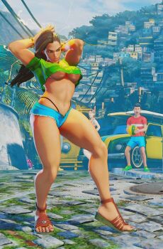 1boy 2girls 3d alternate_costume bare_legs breasts capcom crop_top crop_top_overhang highres large_breasts laura_matsuda legs long_hair multiple_girls no_bra outdoors road short_shorts shorts sky street street_fighter street_fighter_v thong underboob
