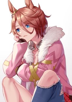 Rule 34 | 1girl, akatsuki (kuon), animal ears, asymmetrical clothes, asymmetrical pants, blue eyes, brown hair, clothes around waist, collarbone, commentary request, denim, fur-trimmed jacket, fur trim, hair between eyes, head rest, horse ears, horse girl, horseshoe, jacket, jacket around waist, jeans, long sleeves, narita taishin (nevertheless) (umamusume), narita taishin (umamusume), pants, pink jacket, shirt, short hair, simple background, single pantsleg, solo, torn clothes, torn jeans, torn pants, umamusume, white background, yellow shirt