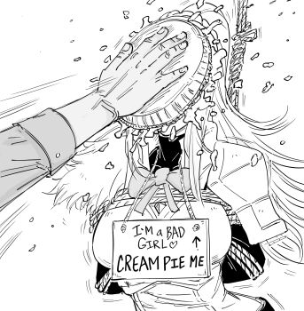 1girl armor arms_behind_back arrow_(symbol) bait_and_switch bb_(baalbuddy) bound bow bowtie darkness_(konosuba) english_text fingernails food food_on_face fur_trim greyscale heart highres in_the_face kono_subarashii_sekai_ni_shukufuku_wo! long_hair long_sleeves monochrome out_of_frame pauldrons pet_shaming pie pie_in_face ponytail rope shoulder_armor simple_background solo_focus throwing throwing_food throwing_pie tied_up too_literal upper_body white_background