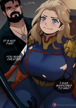 1boy 1girl american_flag beard billy_butcher blonde_hair blue_eyes bodysuit cape crowbar crying crying_aqua_(meme) facial_hair full_beard funi_xd genderswap genderswap_(mtf) gloves highres holding holding_crowbar homelander long_hair meme parody red_gloves spoilers striped_cape tearing_up tears the_boys thick_beard two-tone_cape