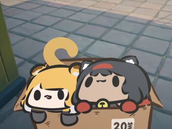 2girls animal_ears box cardboard_box cat_ears cat_girl closed_mouth colored_skin dark_skin hair_ornament highres ju_fufu multiple_girls nekomiya_mana open_mouth superappleman tail thiren tiger_girl tiger_tail white_skin zenless_zone_zero