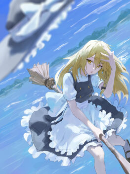 Rule 34 | 1girl, akeguchi, apron, black hat, black skirt, black vest, blonde hair, blurry, bow, braid, broom, broom riding, commentary request, day, depth of field, floating hat, hair bow, hat, hat bow, highres, kirisame marisa, long hair, mary janes, mini-hakkero, no headwear, outdoors, puffy short sleeves, puffy sleeves, red bow, shoes, short sleeves, side braid, single braid, skirt, socks, solo, touhou, vest, waist apron, white bow, white socks, witch hat, yellow eyes