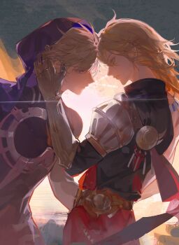 2boys absurdres armor back_tattoo black_cloak black_coat blonde_hair cape chinese_commentary clawed_gauntlets cloak coat commentary_request duifangbuxianghenishuohuabingxiangnirengleyih flame_reaver_of_the_deepest_dark from_side highres honkai:_star_rail honkai_(series) hood hood_up hooded_cloak male_focus medium_hair multiple_boys mydei_(honkai:_star_rail) open_clothes open_coat pauldrons phainon_(honkai:_star_rail) profile red_cape red_tattoo shoulder_armor side_cape single_pauldron tattoo tears yaoi yellow_eyes